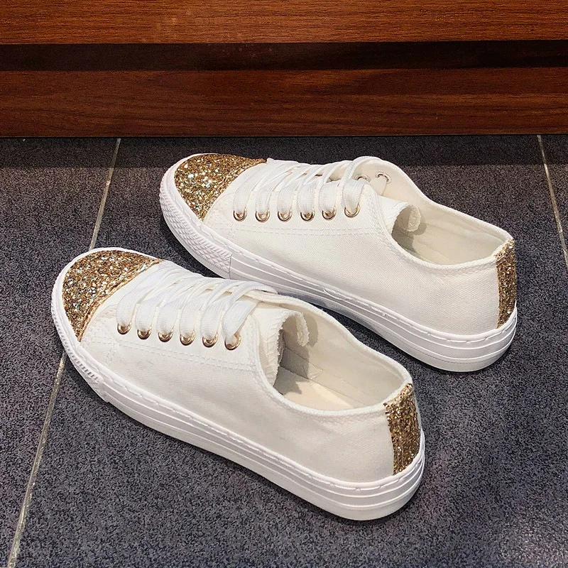 

Gold Plated Sequin Women Girls Fashion White Candy Color Platform Casual School Shoes Student Womens Walk Shoes For Girl Lady, Customized