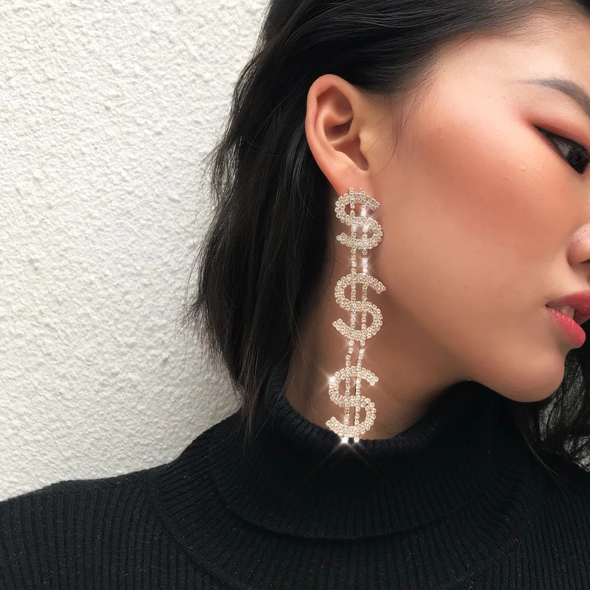 

Luxury Money Sign Rhinestone Drop Earrings for Women Shiny Crystal Dollar $ Letter Dangle Earrings Jewelry (KER569), Same as the picture