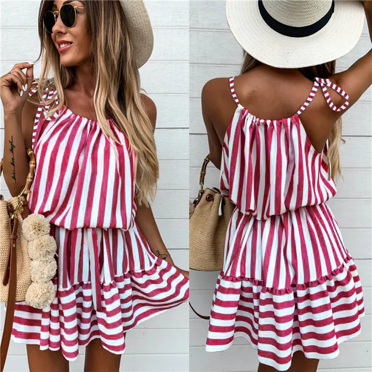 

2020 trending Summer Women Boho sleeveless striped causal Mini Dress, Customized color/as show