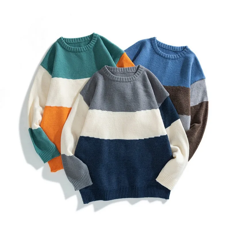 

New Design Men Fashion Streetwear Loose Patchwork Striped Knitted Pullover Wool Sweater