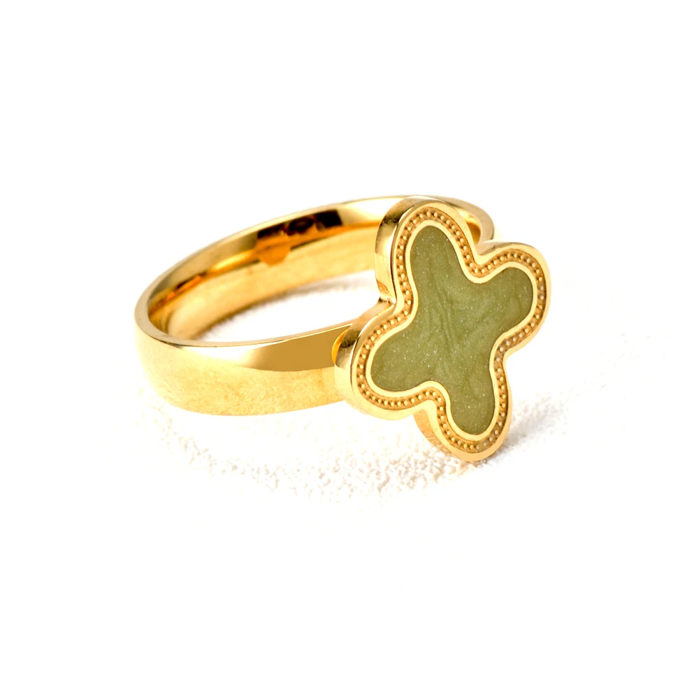 

Wholesale custom fashion jewelry stainless steel Lucky ring classic four leaf clover green shell rings for women, Gold