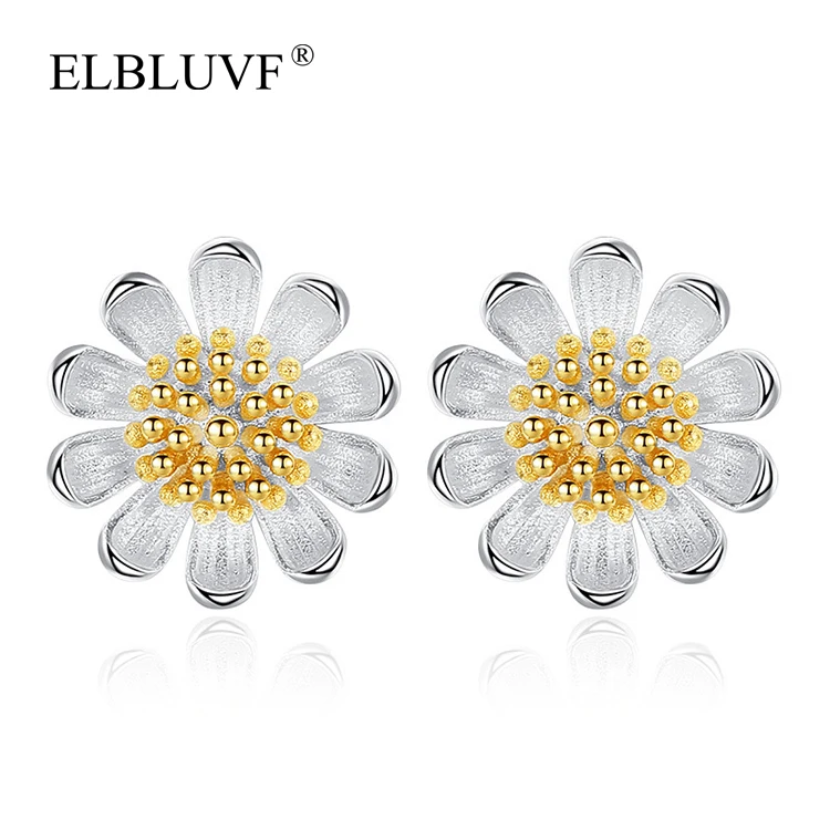 

ELBLUVF S925 Silver Plated Jewelry Flower Earrings Daisy Shape Fancy Jewelry, Steel color ,gold