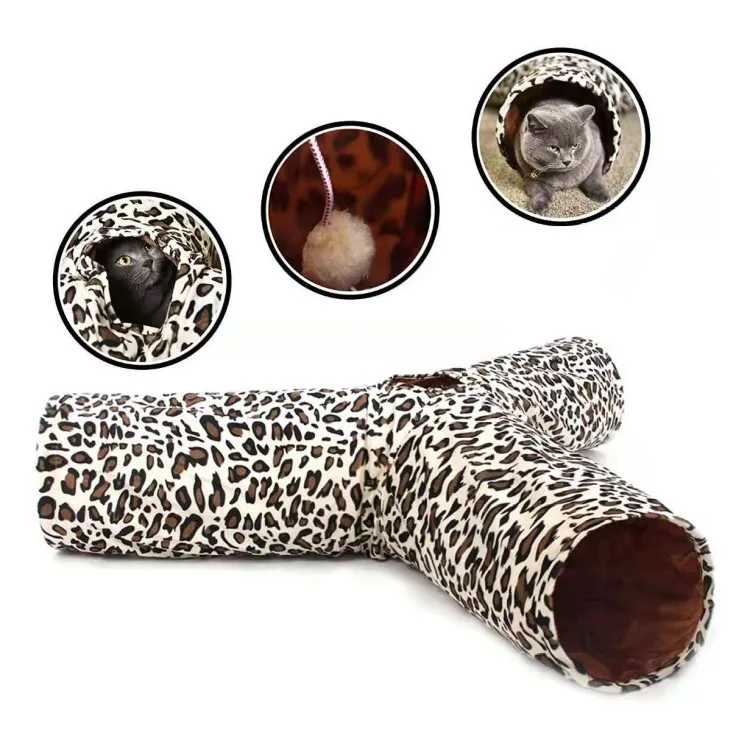 

Collapsible Leopard Strip Crinkle 3 Way Pet Cat Tunnel Cat Toy Outdoor Indoor DIY Cat Toys Play Tunnel, As picture