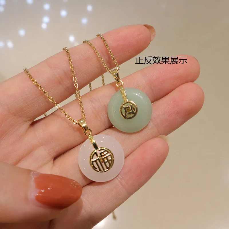 

Fashion 18K Real Gold Plated Chain Jade Necklace Chinese Fu Round Natural Emerald Jade Pendant Necklace For Family