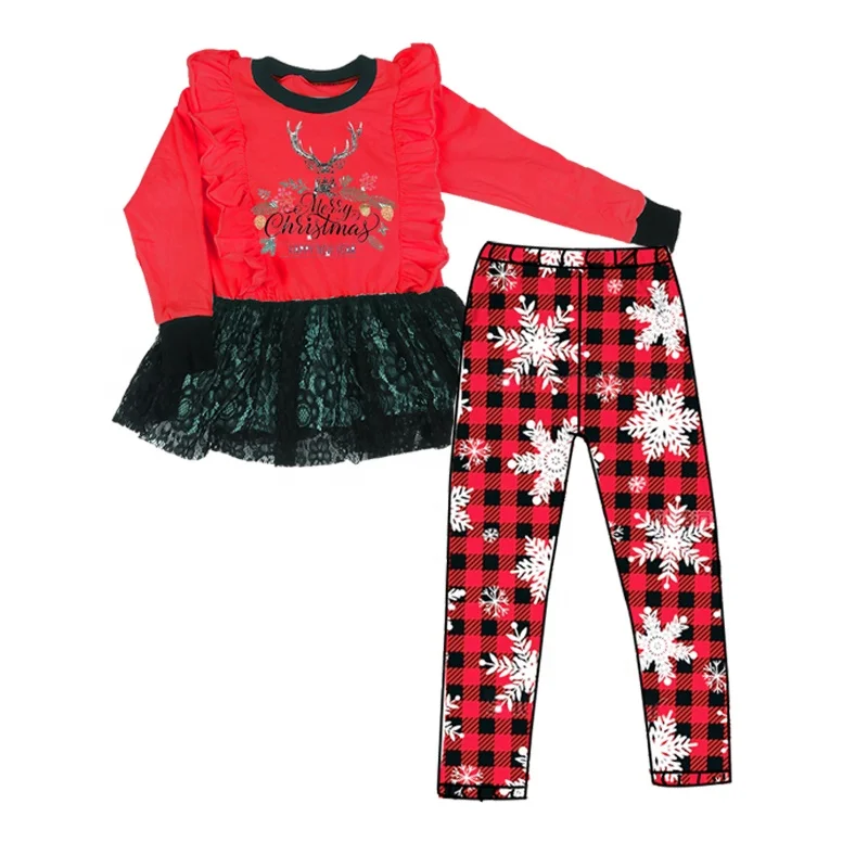 

Christmas toddler girl winter clothes red ruffle shirts snowing printed leggings 2 pcs 6 to 14 years girl clothes, Picture