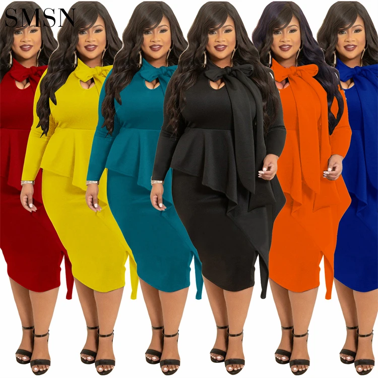

Fashion Irregular Solid Color Bow Long Sleeve Formal Dresses Women Office Plus Size Women Dresses