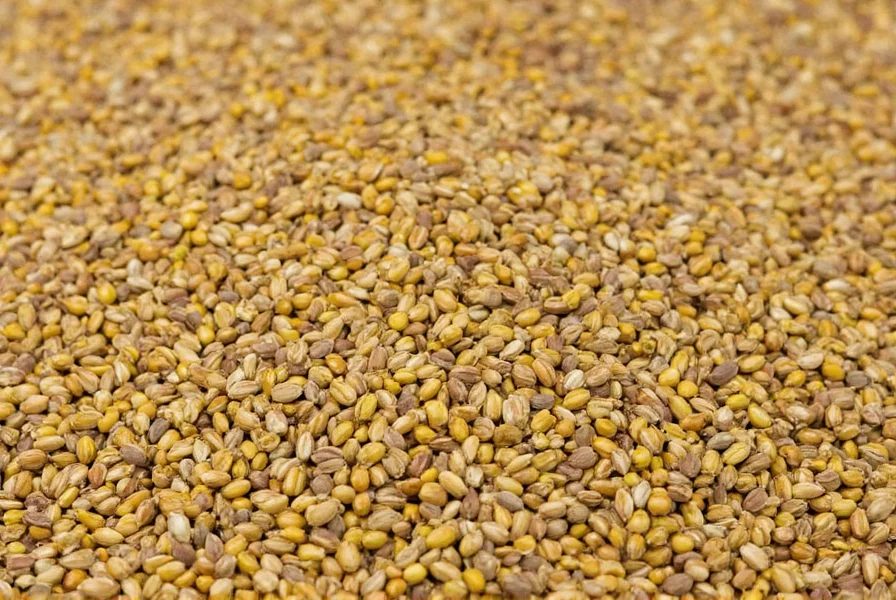Close-up view of mustard seeds showing different varieties: yellow, brown, and black