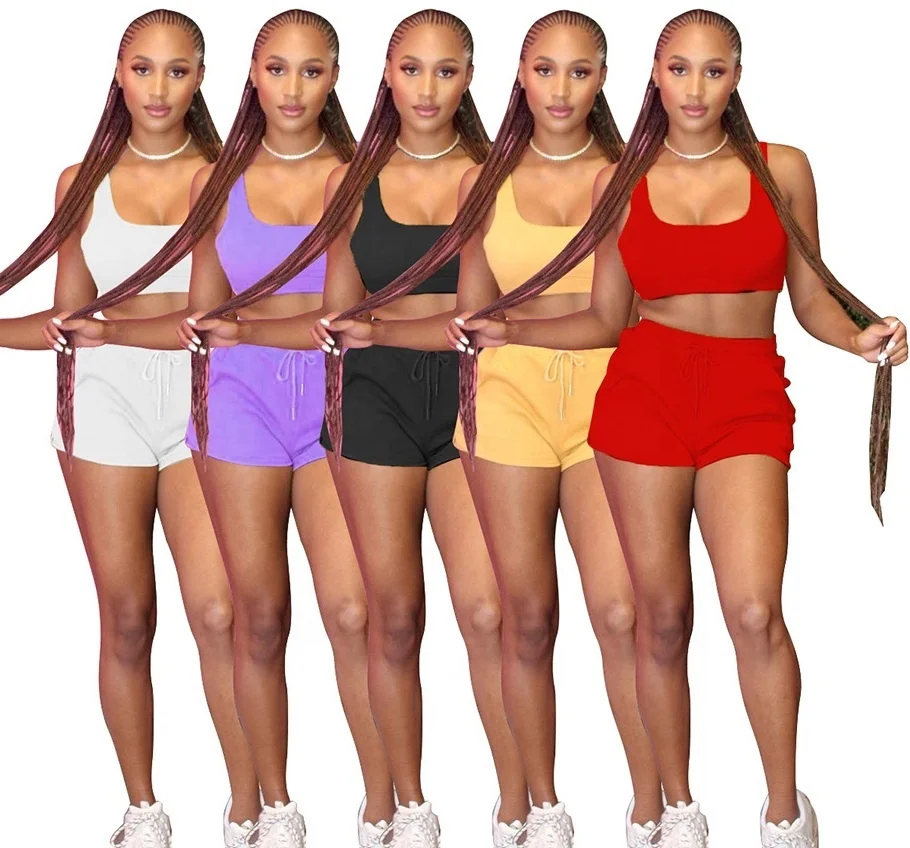 

Summer 2021 2pc Short Sets Women Suit Solid Color Ribbed Casual Two Piece Jogger Sports Vest Biker Shorts Set