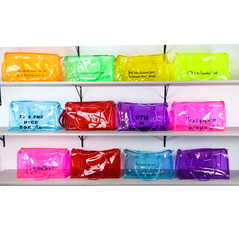 

Eco-friendly Custom Print Logo Transparent Clear Waterproof Holographic Duffle Bag Womens Duffle Bag Sports Spend A Night Bag, Ping/ purple/ light blue /red