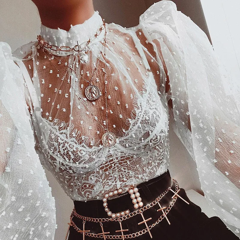 

2020 new arrival Women o neck white long sleeve transparent Women Ladies Blouse