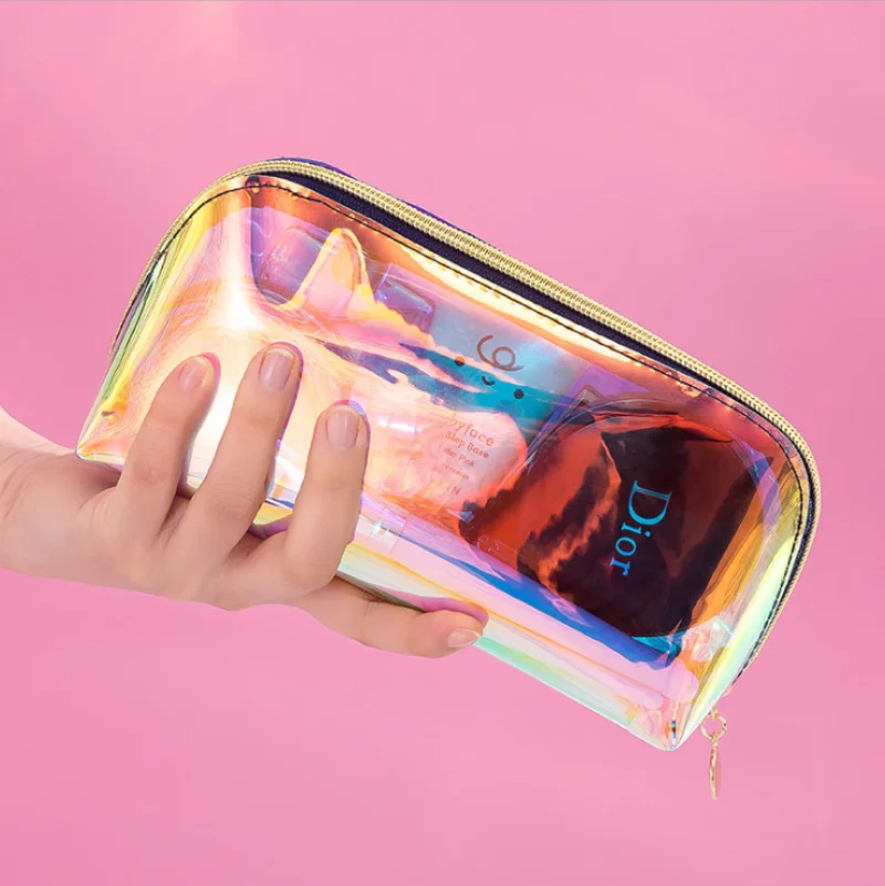 

Pink holographic ladies beauty case clear makeup pouchl bag