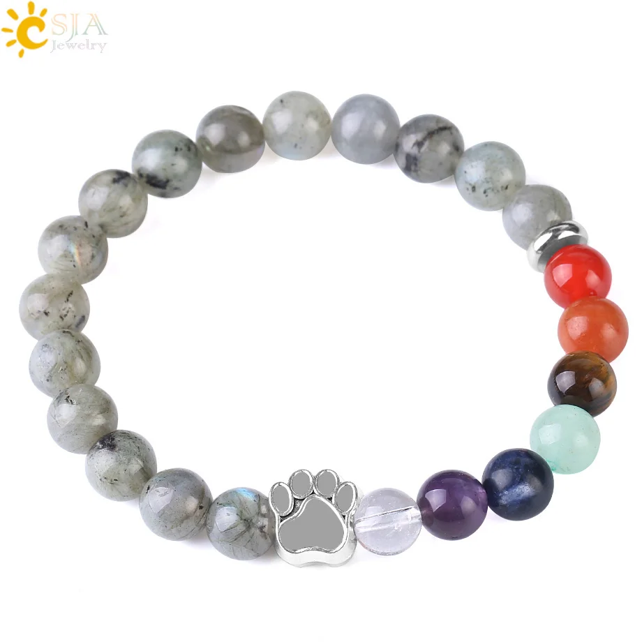 

CSJA hot 7 chakra healing balance crystal bead bracelet stainless steel bear paw jewelry semi-precious stone men bracelet F457