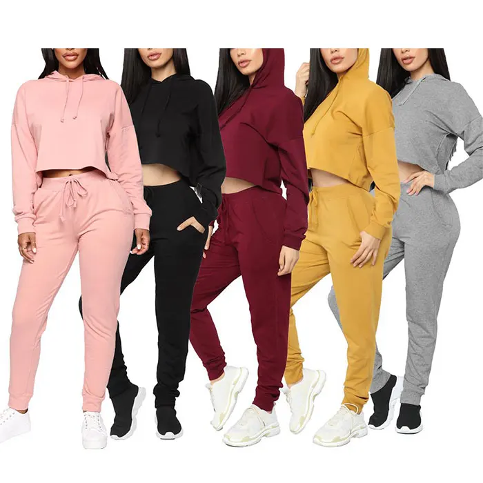 

Hot sales solid blank custom crop and hoodie 2 piece track suits for women jogging suit set