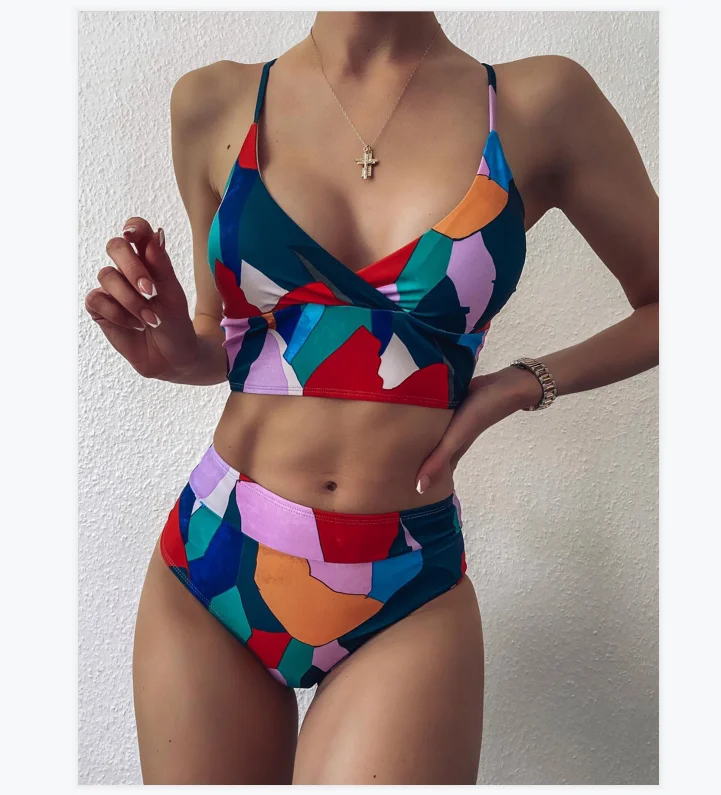 

Multi Color Sexy Bikini set Bandeau High Waist Bikini 2021 Push up Swimwear Retro Women's Swimsuit Printed Bathing Suit Monikini