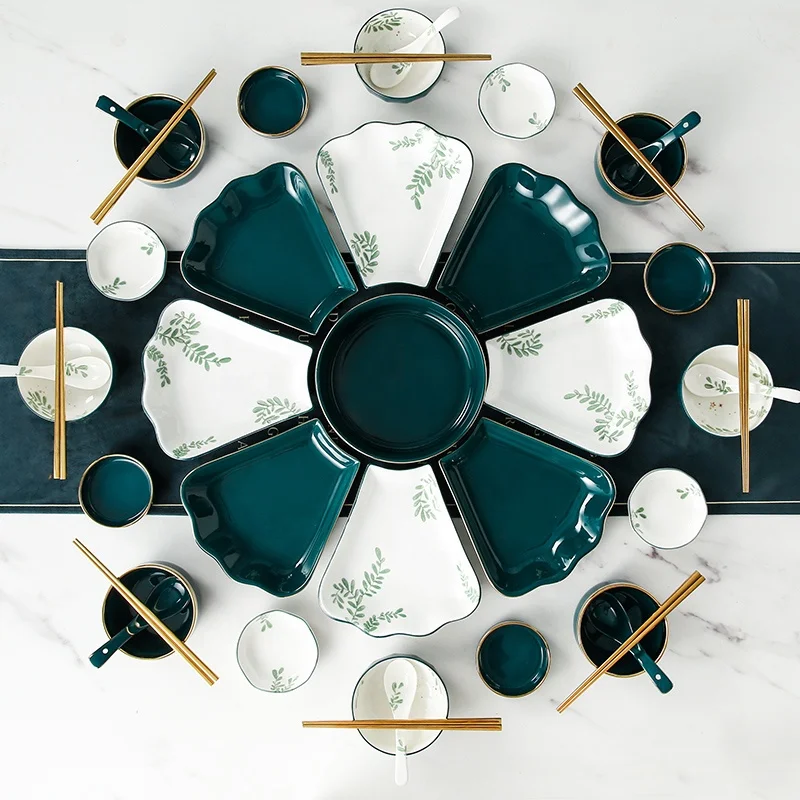 

Ceramic Tableware Creative Dish Plate Spoon Assorted Dinnerware New Year Eve Dinner set, Green/white