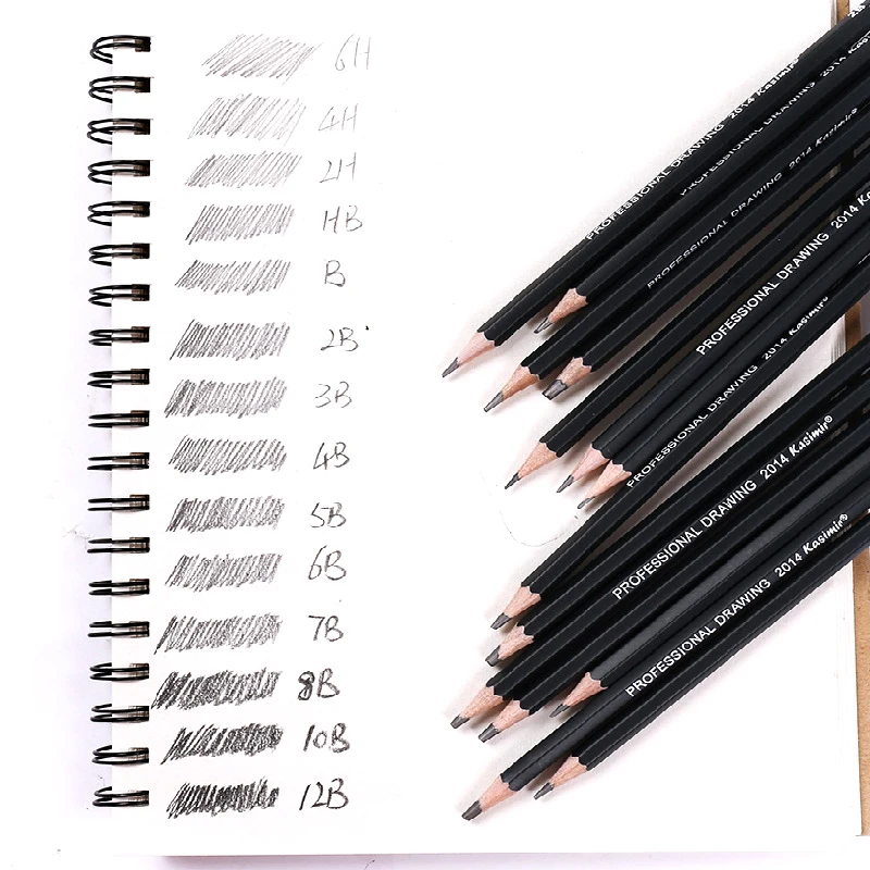 
kasimir 14pcs/set 12B 10B 8B 7B 6B 5B 4B 3B 2B B HB 2H 4H 6H Professional Graphite Sketching charcoal Pencils Set for Drawing 