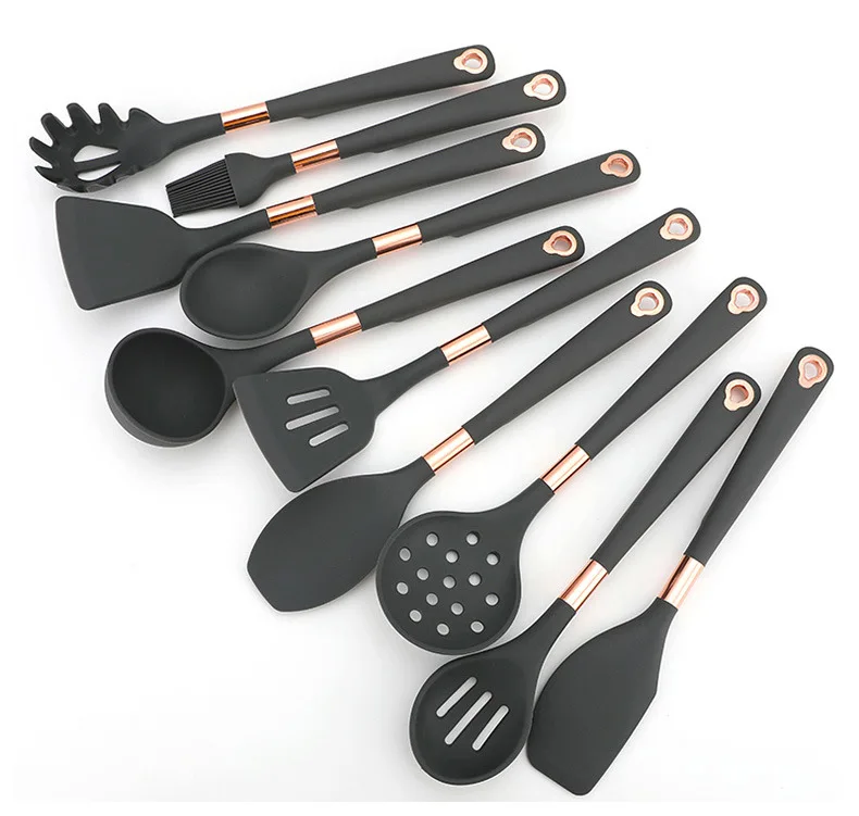 

NEW Non-stick Heat Resist Plastic Cooking Tools Slotted Turner Spatula Skimmer Turner Spoon Copper Silicone Kitchen Utensil Set, Black