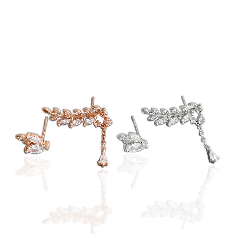 Asymmetry cubic zircon leaves stud earring sterling silver 925 for pretty women