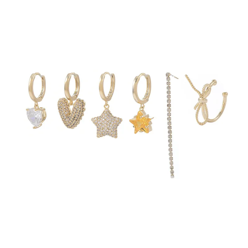 

ED65475 Wholesale Fashion Star Heart Shape Inlaid Zircon Chain 3 Pairs Earings Set Gold Plated Women Jewelry