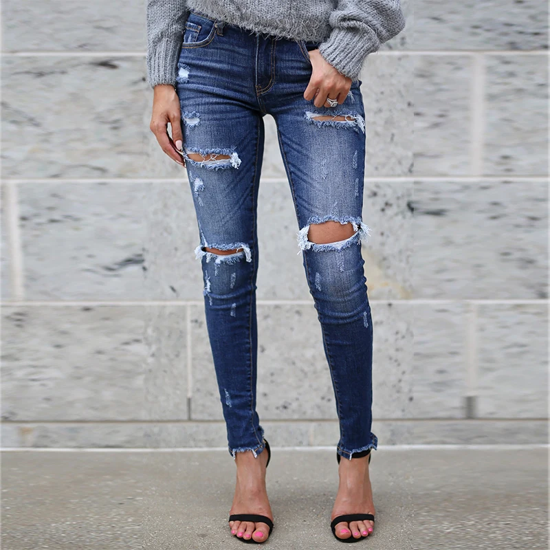 

New Arrived Women's Ripped Jeans Stretch Hole Pencil Slim Pants Summer Casual Street Wear Denim Pants, Picture color
