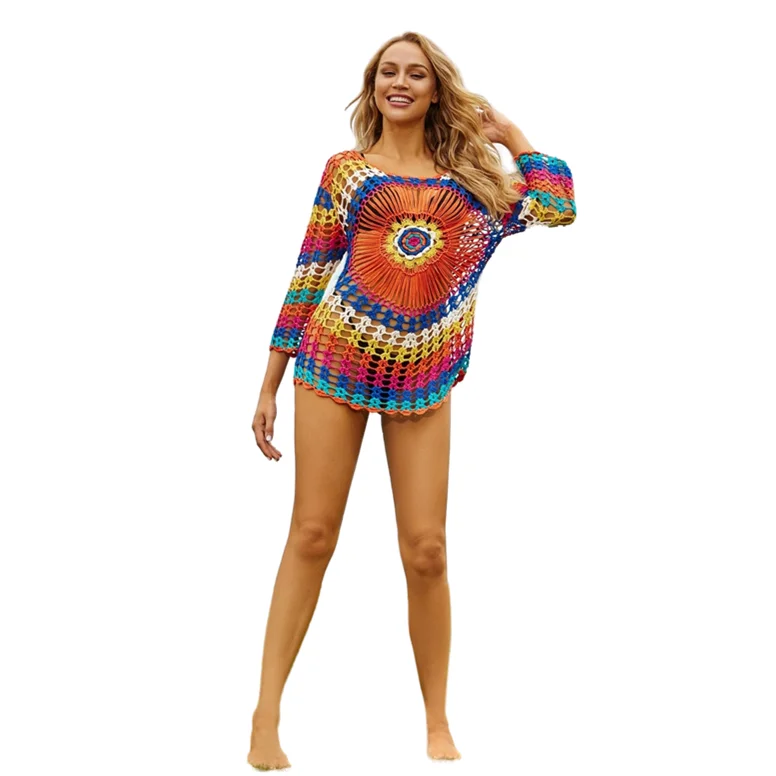 

European Handmade Crochet Knitted Rainbow Loose Bikini Travel Beach Blouse for Women, As picture and also can make as your request