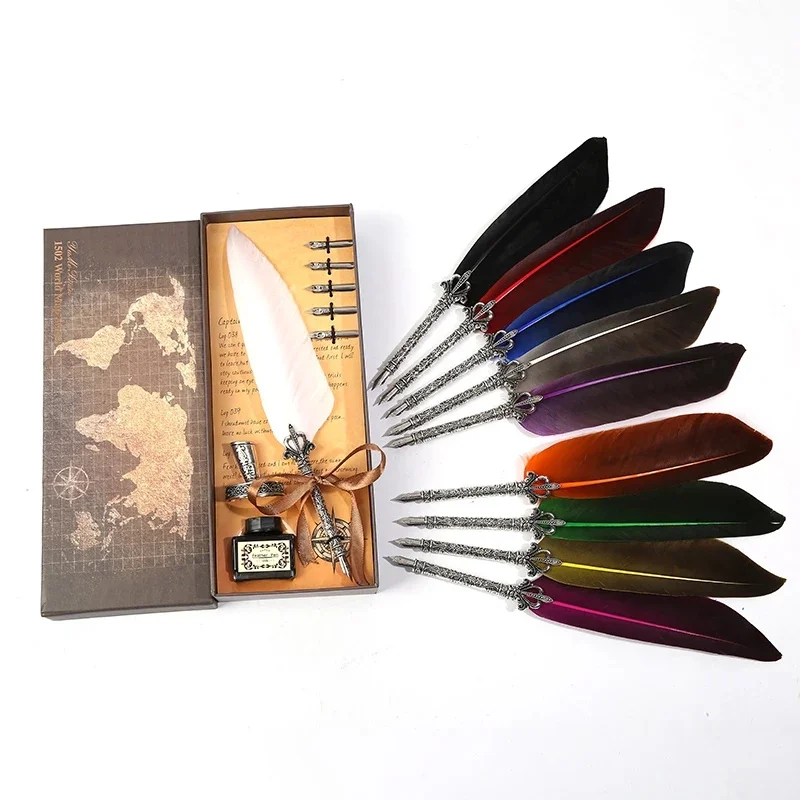 

1set Retro Vintage Calligraphy Feather Dip Pen Writing Ink Set Stationery Quill Fountain Pens Creative Vintage Pen