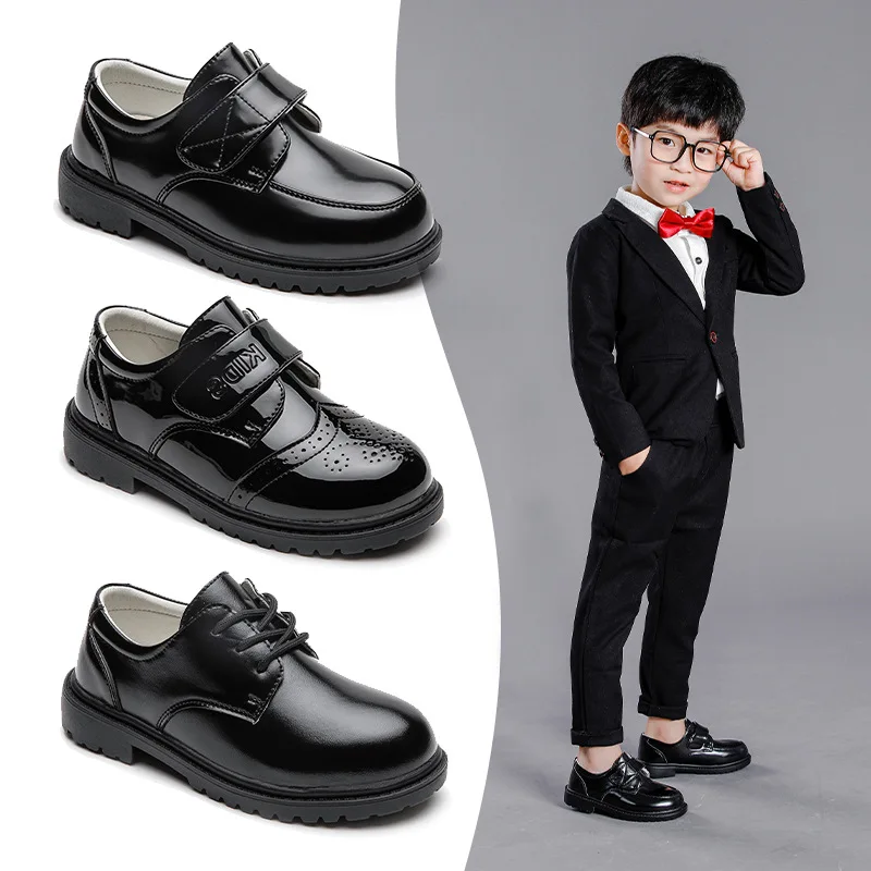 

Hot Selling Kids Boys Black Dress Shoes Flat Lace-up PU Leather Wedding Ring Bearer Footwear Dressy Shoes