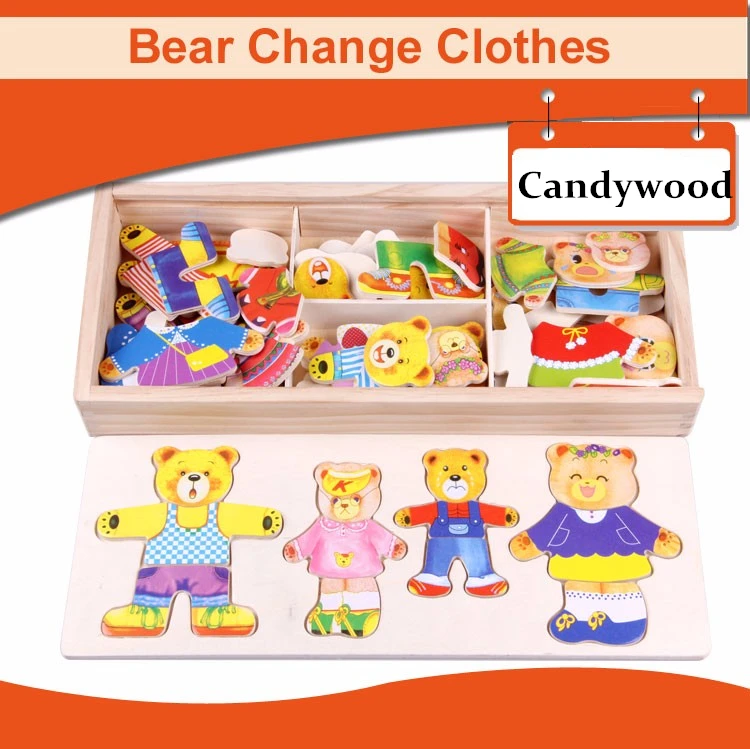Wooden Montessori Bear Jigsaw Puzzle Change Clothes Kids Educational Toy 
