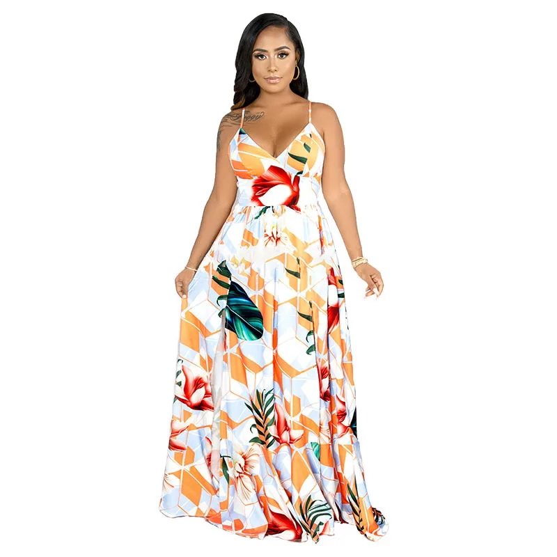 

2021 Casual Summer Hotsale Spaghetti Strap Women Dress Print Birthday Sexy Dress V Neck Beach Maxi Dress