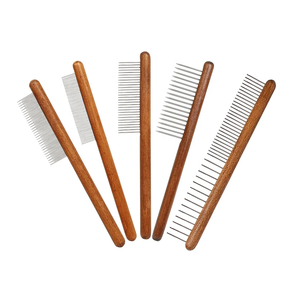 

Factory Wholesale Upscale Four Style Wooden Handle Pet Flea Comb Metal Needle Cat Dog Grooming Comb, Brown