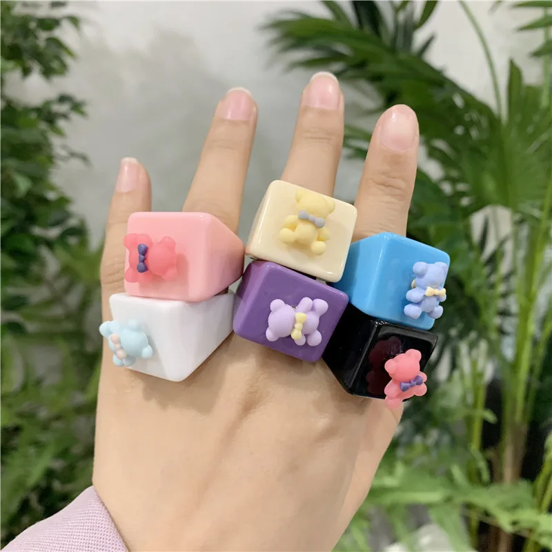 

Zooying ZYRJ2176 Colorful Big Chunky Resin Square Ring With a Lovely Twirling Gummy Bear Ring, White, purple , yellow, blue,black,pink