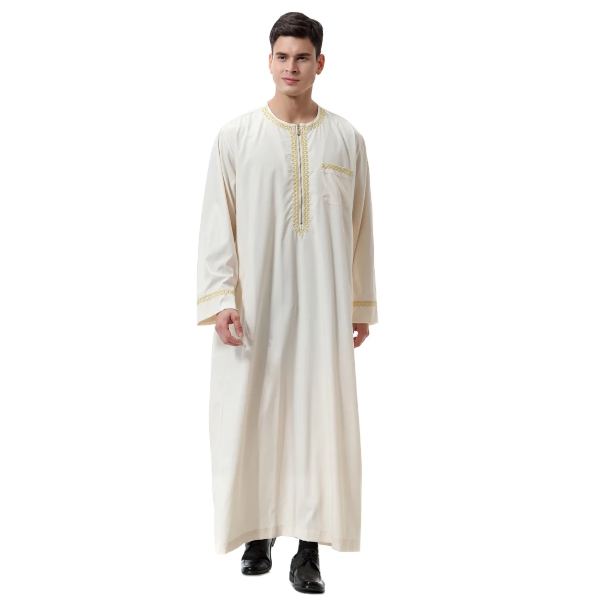 

HJ AMMR09 Arab Middle Eastern Dubai Striped Linen Muslim Men Jubba Thoub Daffah Thobe, Black,khaiki,white,beige