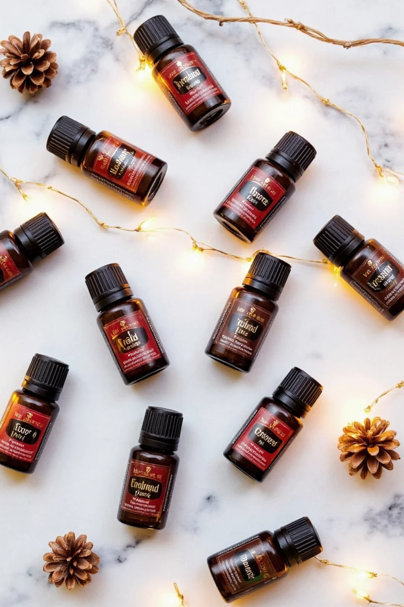 Essential oil bottles arranged with holiday decor