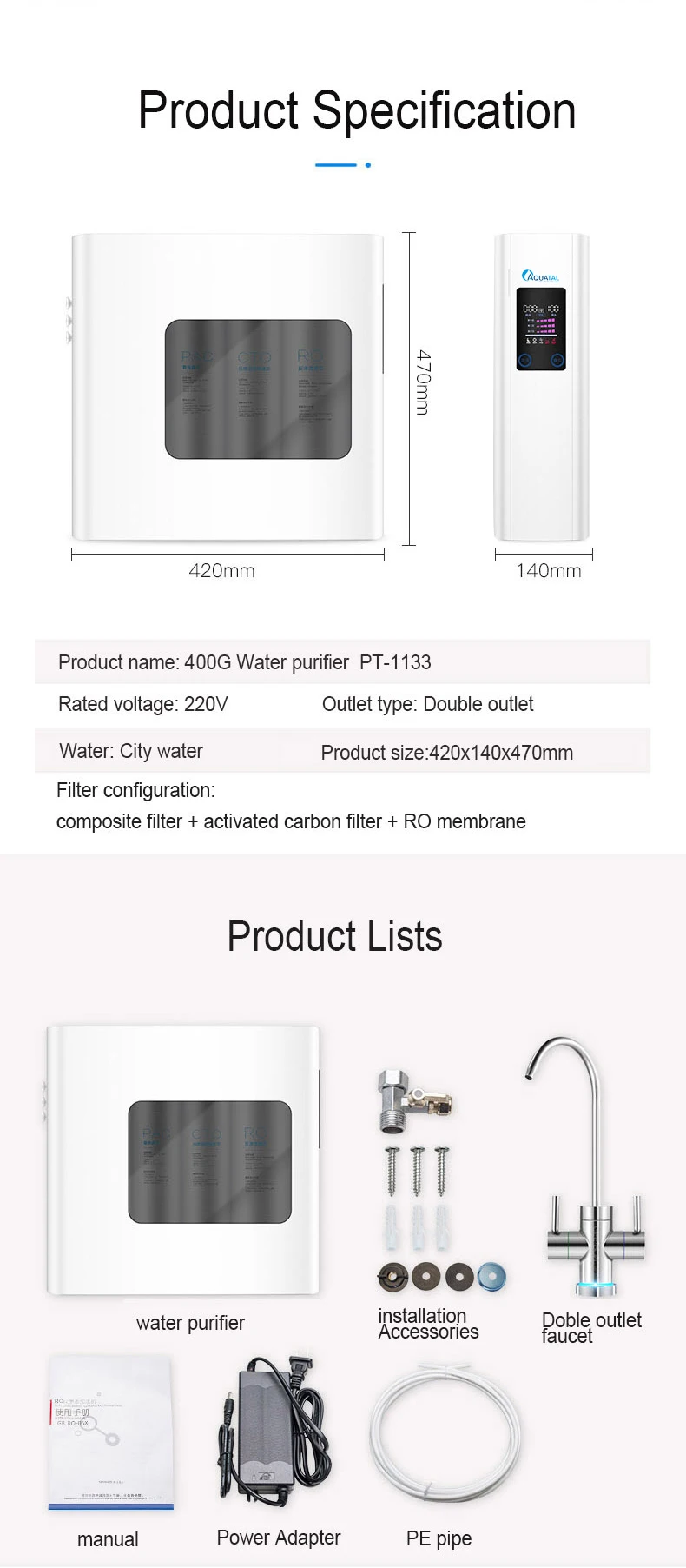 Aquatal under sink 400GPD 3 stage composite filter reverse osmosis ro system water purifier machine