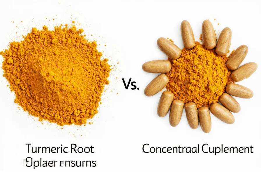 Turmeric root and powder showing natural spice form versus concentrated supplement capsules