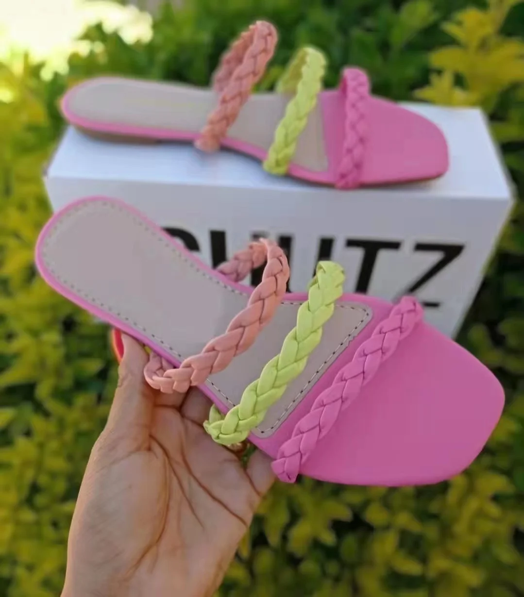 

Size 5-12/43 Women Candy Color Slip On Slippers Summer Casual Flat Slides Slippers Women's Fashion Woven Rainbow Belt Slippers