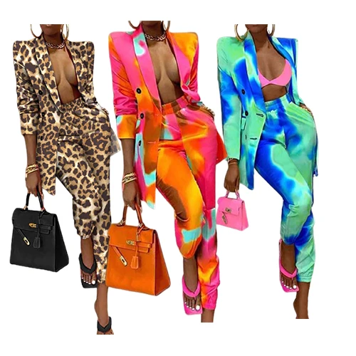 

NS032 Fall winter casual two pieces outfits office ladies tie dye ladies suits set for women's suits, Picture color