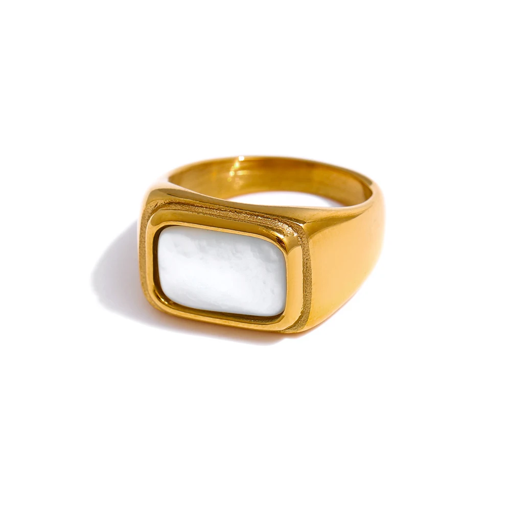 JINYOU 715 Fashion 18K Gold Plated Square Ring Stainless Steel Natural Shell Ring for Women