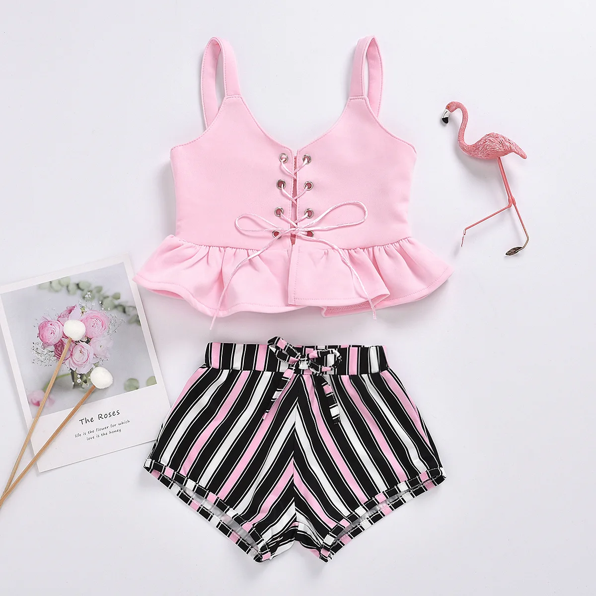 

rts ins hot sale Amazon cross-border baby toddler two-piece ruffled solid color top and striped kids clothing shorts set