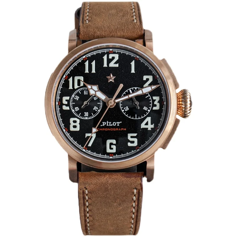 

Stock free ship luxury cusn8 bronze st1901 movement pilot vintage chronograph handing mechanical movement watch man for sale