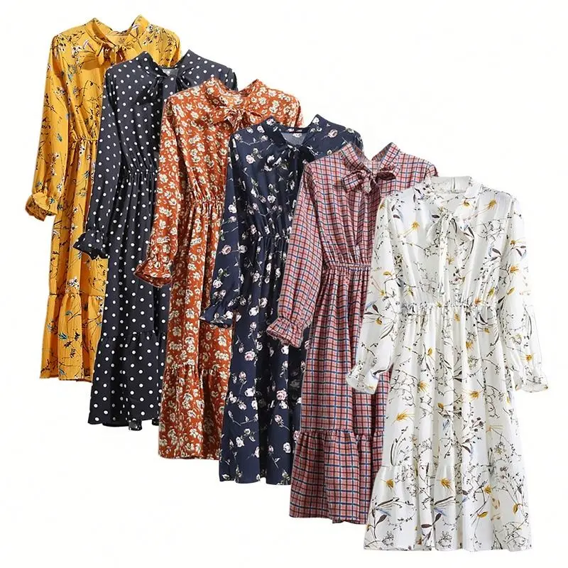 

New vintage Floral Printing Chiffon Dress Summer Women Long Sleeved Dress Retro Collar Casual Slim Dresses