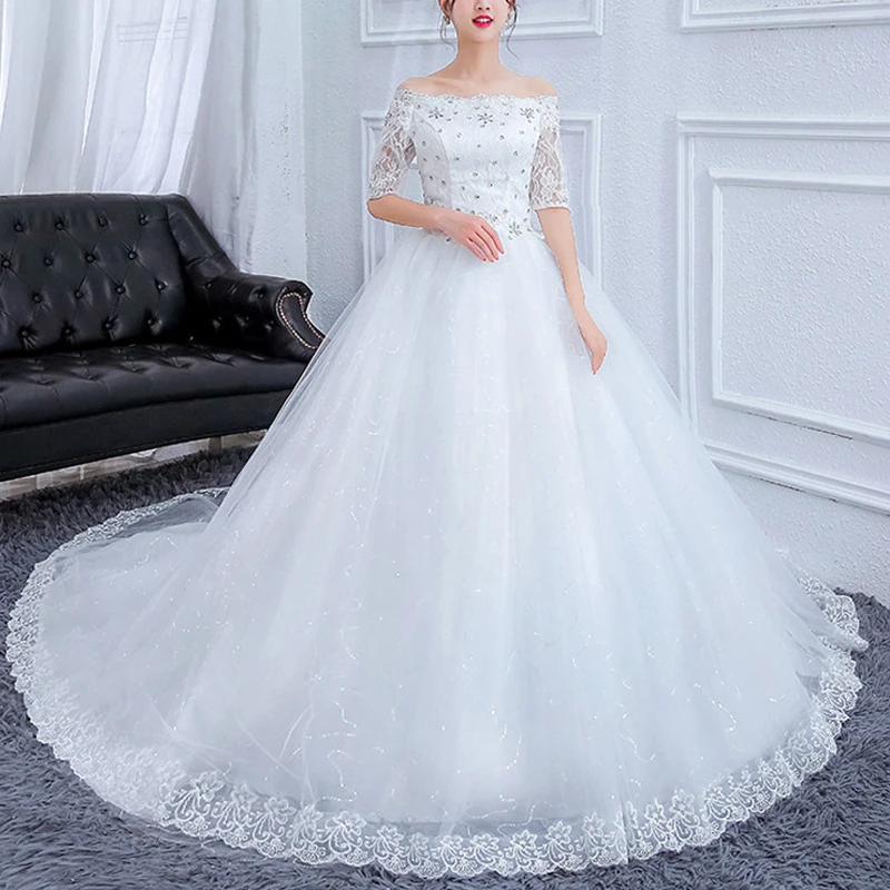 

Cheap Wholesale Dress Off the Shoulder Half Sleeves Wedding Ball Dresses Vintage Ball Gown Bridal Wedding Dresses Gowns, White