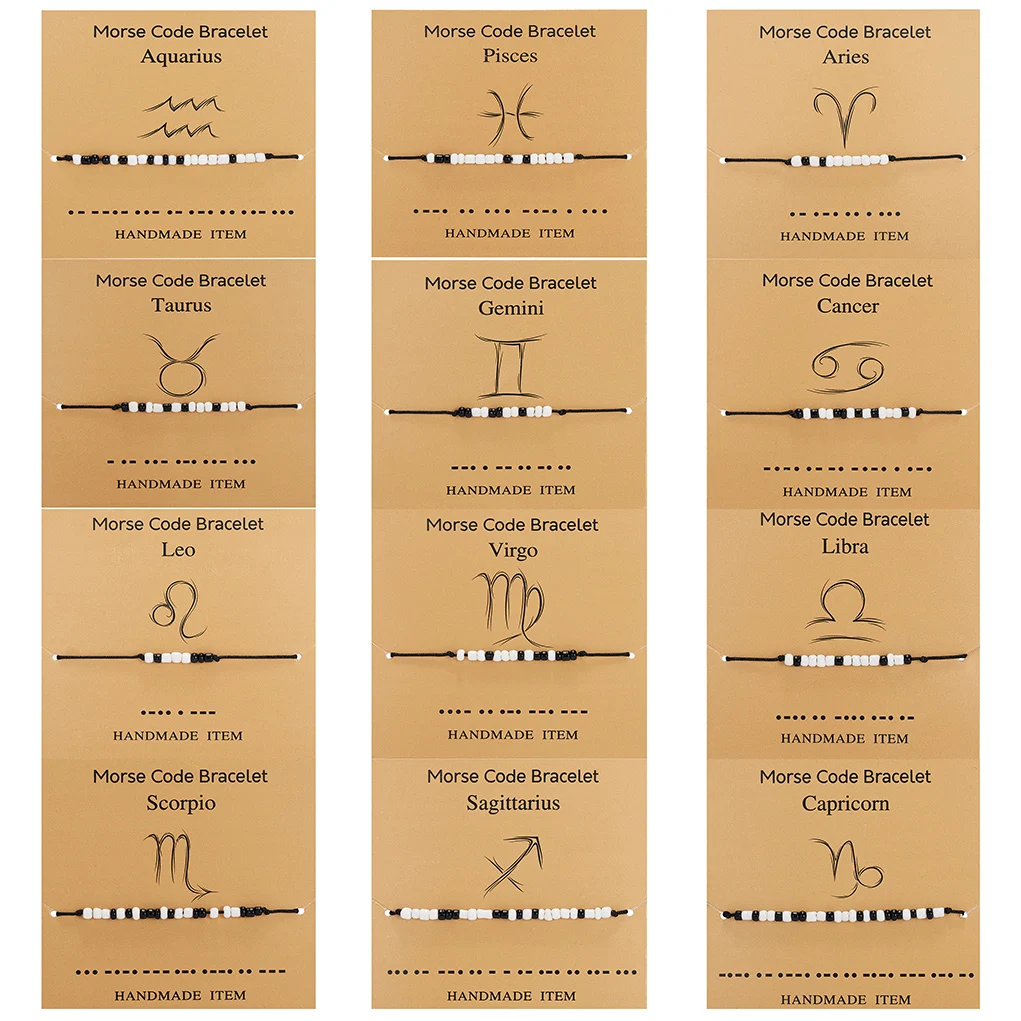 

Handmade Beaded 12 Zodiac Sign Astrology Horoscope Bracelet Custom Morse Code Black White Couple Lovers Bracelet, As shown