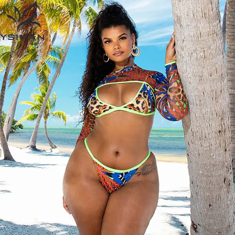 
2020 New 4XL 5XL women plus size swimwear 3 piece swimsuit leopard print long sleeve bathing suit 