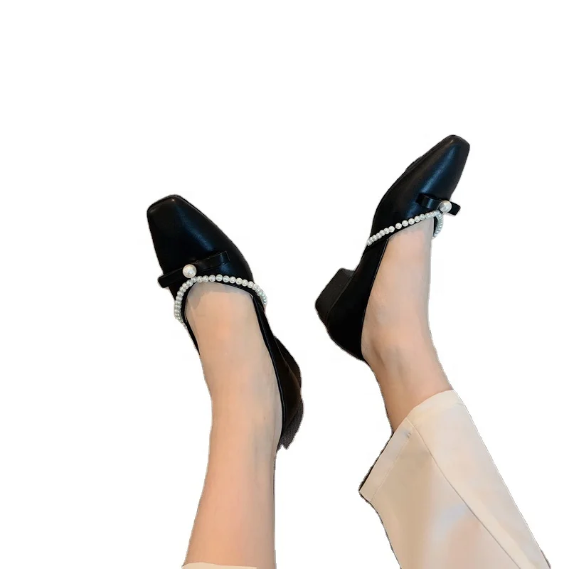 

113065 Spring 2021 single shoe Korean edition pearl decoration single thick heels solid color bow casual women's shoes