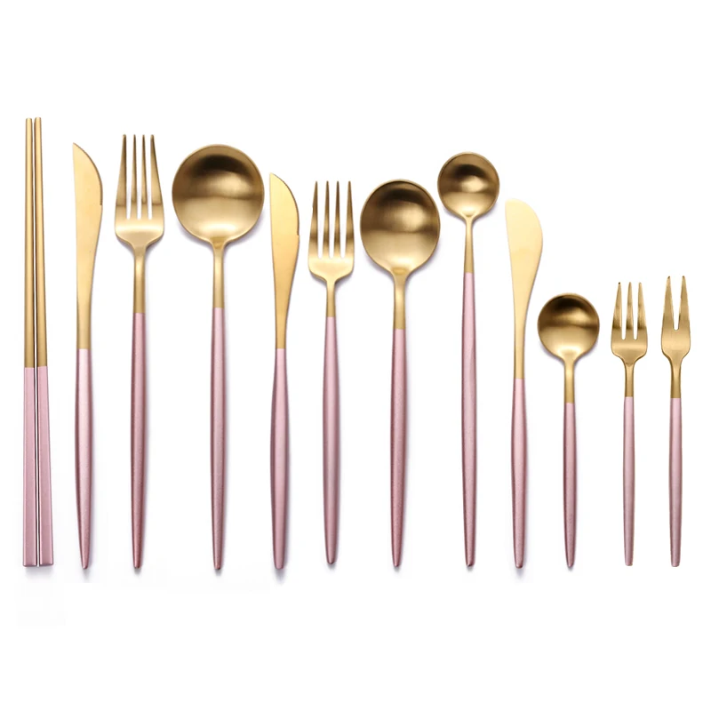 

Classic 18/10 Silverware Set Copper Party Brushed Gold 72Pcs 24Pcs Fork Cutlery Set, Gold plated+pink handle