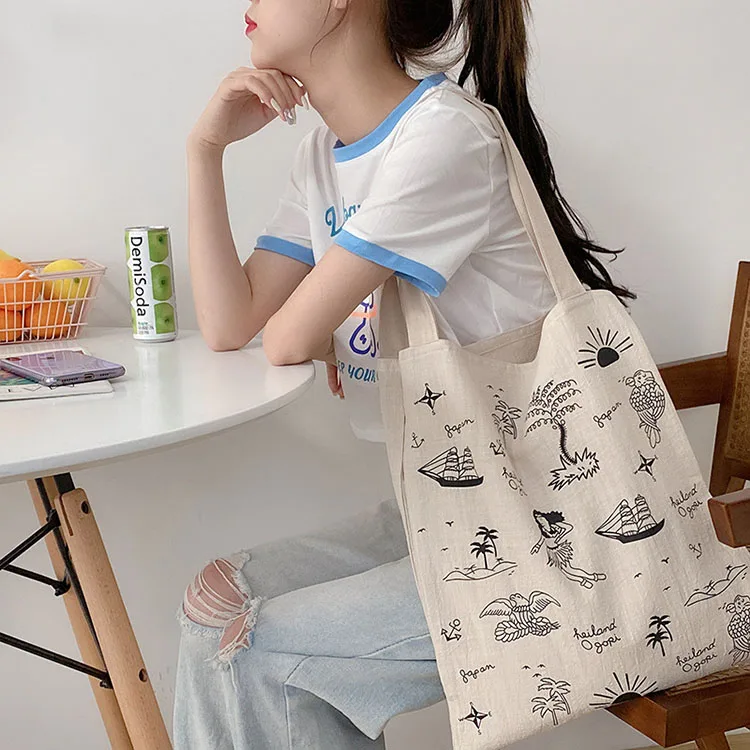 

YASEN Cotton Linen Women Canvas Shoulder Bags Eco Friendly Butterfly Sailing Print Shopping Bag Large Capacity Vintage Tote