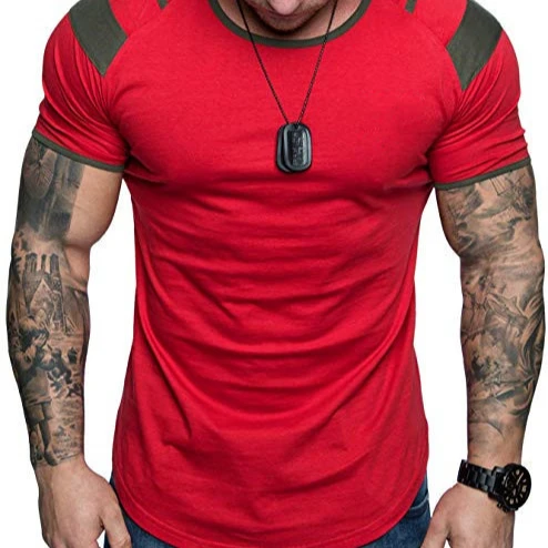 

Contrast Color Casual Crew Neck Short Sleeve Tee For Men Clothes Summer Top, White,red,army green,deep blue,deep blue+white