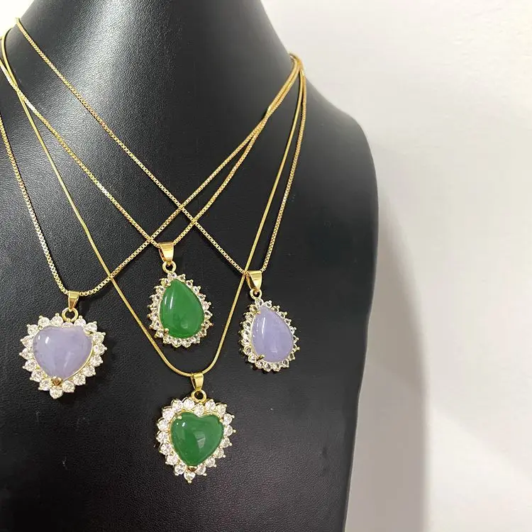 

New styles 2021 ins fashion women real natural jade heart pendant around diamond green agate water drop pendant necklace