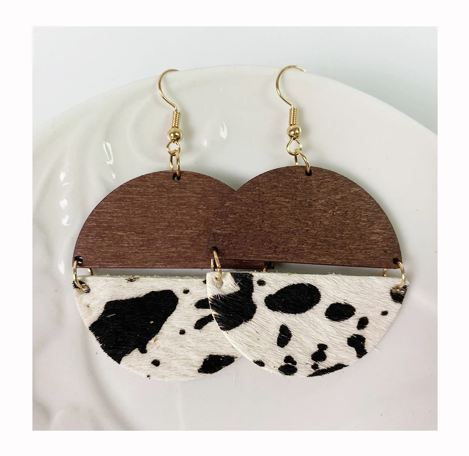 

New Design Wood Genuine Leather Splicing Animal Print Round Pendant Dangle Earrings, As pics